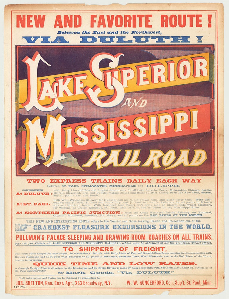 Item #5834 New and Favorite Route! Between the East and the Northwest, Via Duluth! Lake Superior and Mississippi Railroad. Lake Superior, Mississippi Railroad.