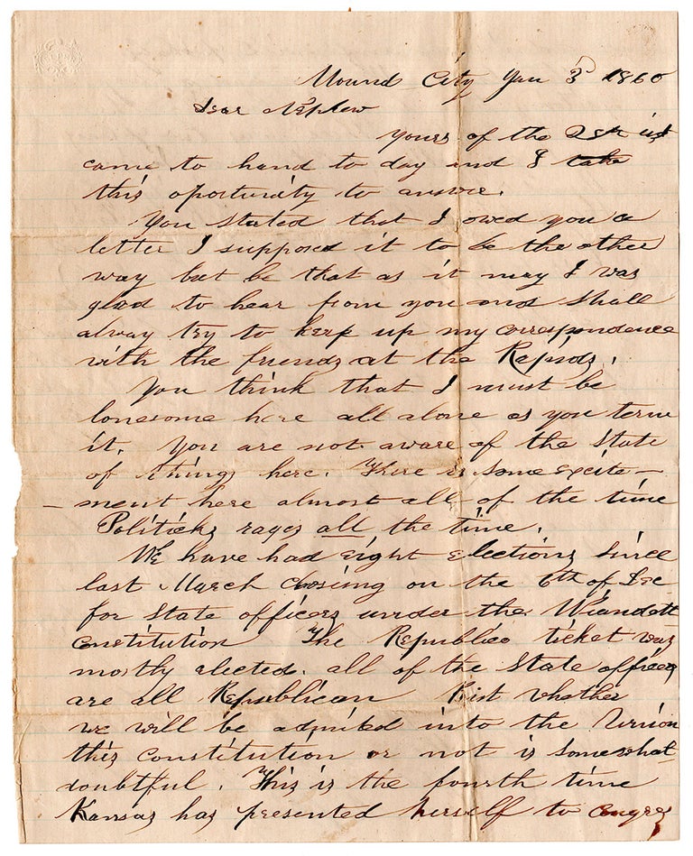 Item #5872 [1860 “Bleeding Kansas” Letter.]. Lorenzo Dow Round.