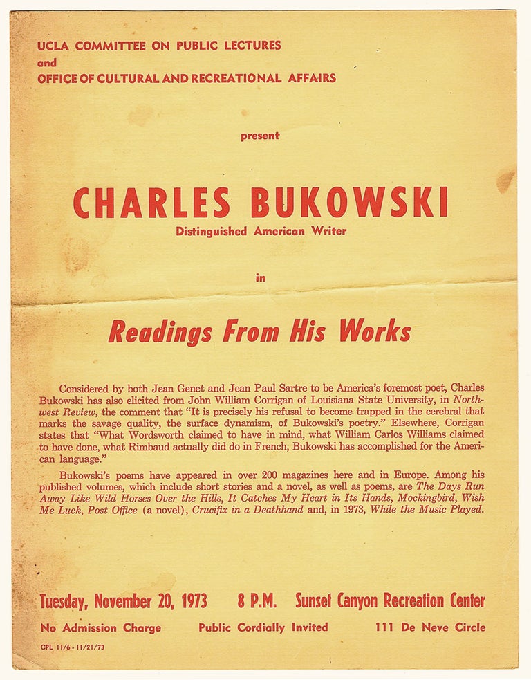 Item #6006 Charles Bukowski, Distinguished American Writer in Readings From His Works.