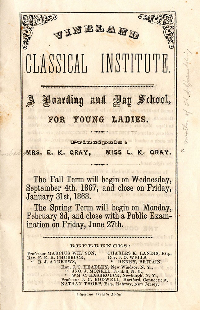 Item #6011 Vineland Classical Institute: A Boarding and Day School, for Young Ladies.