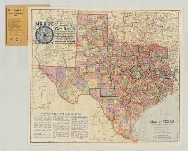 Item #6012 Map of Texas With Population and Location of Principal Towns and Cities according to latest reliable statistics. Bart Moore, Chas. E. and Adrian.