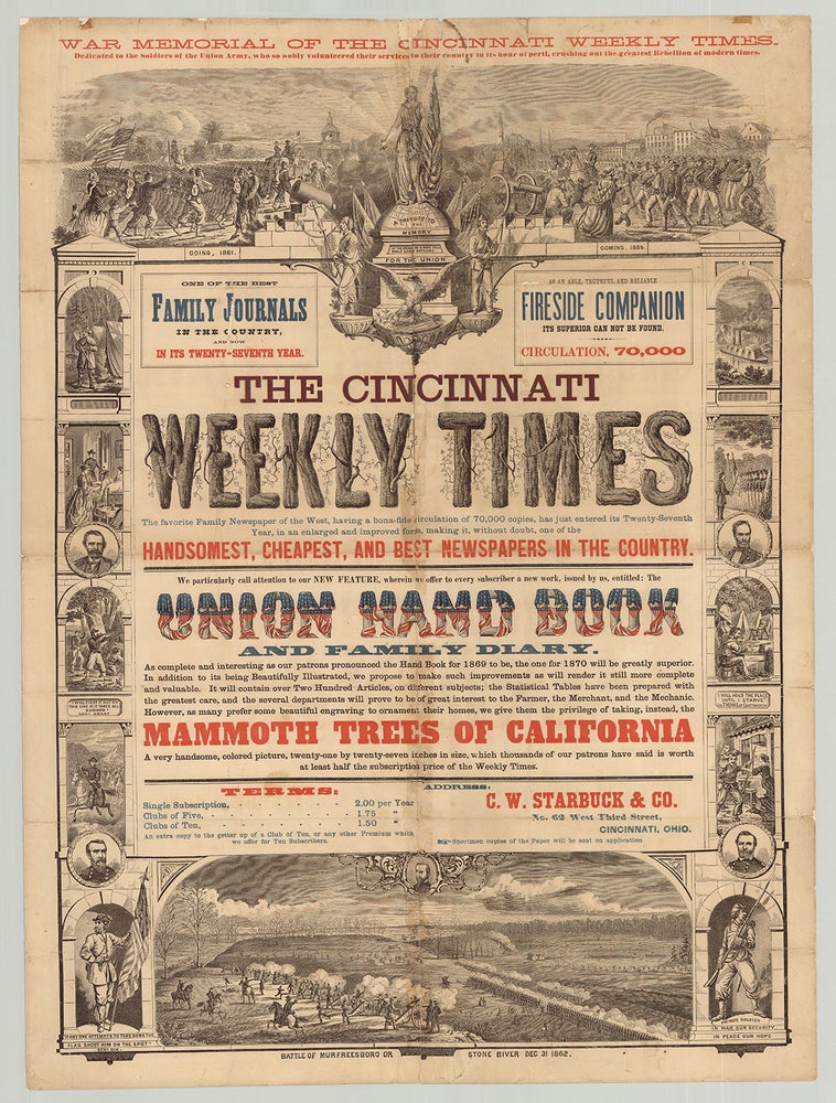 Item #6039 War Memorial of the Cincinnati Weekly Times. Dedicated to the Soldiers of the Union Army, who so Nobly volunteered their services to their country in its hour of peril, crushing out the greatest Rebellion of modern times…
