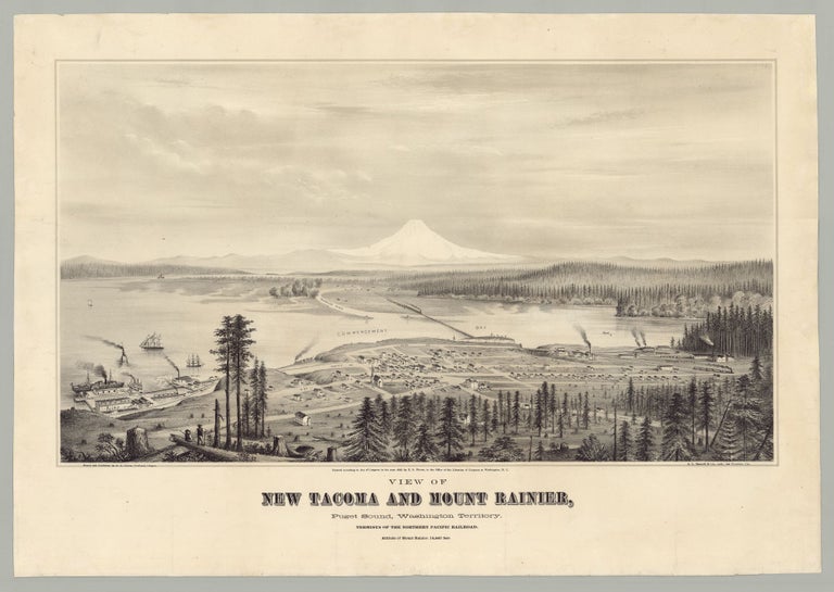 Item #6045 View of New Tacoma and Mount Rainier, Puget Sound, Washington Territory. Terminus of the Northern Pacific Railroad. Altitude of Mount Rainier, 14,440 feet. artist Glover, li, heldon.