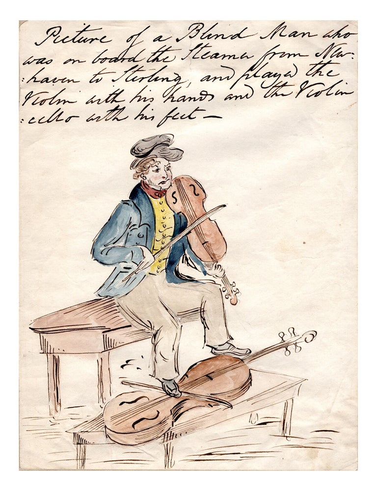Item #6145 Picture of a Blind Man Who Was on Board the Steamer From New Haven to Sterling, and Played the Violin With His Hands and the Violincelllo With His Feet.