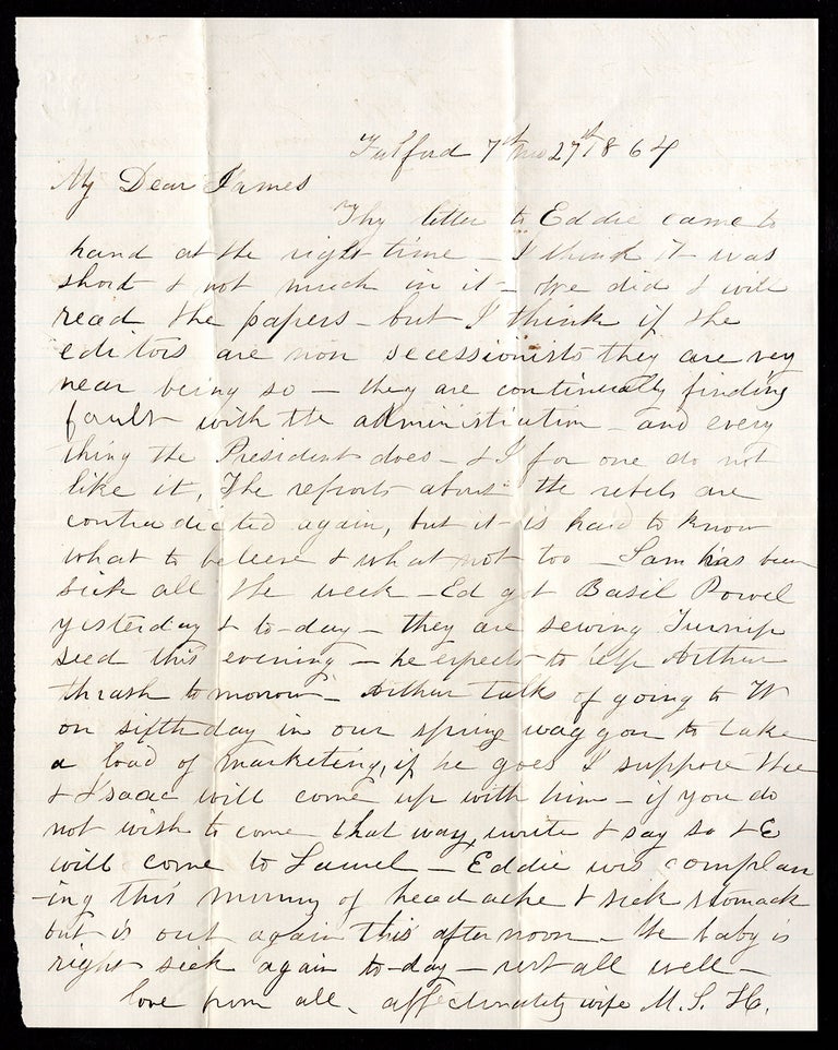 Item #6296 [Two letters of a Quaker Woman in Maryland Caught Up in Confederate General Jubal Early’s Attack on Washington]. Margaret S. Hallowell.