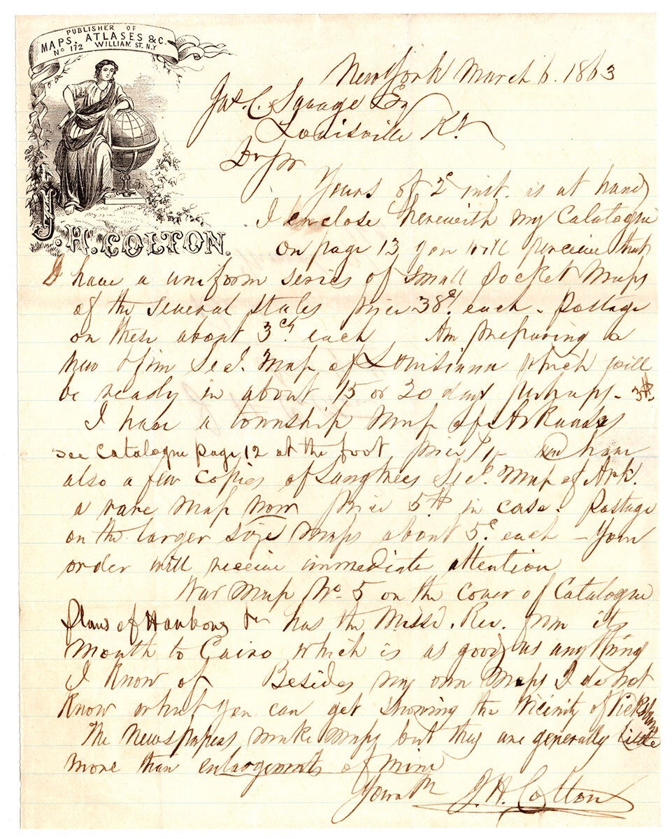 Autograph letter, signed, by J. H. Colton, on the availability of ...