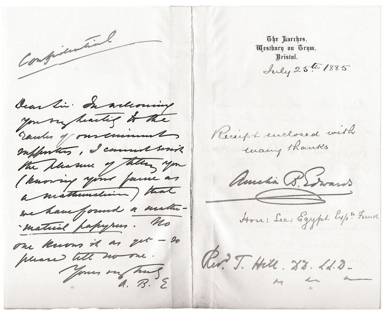 Item #6413 [Autograph note of welcome and thanks to Rev. T. Hill, also noting a discovery]. Amelia B. Edwards.