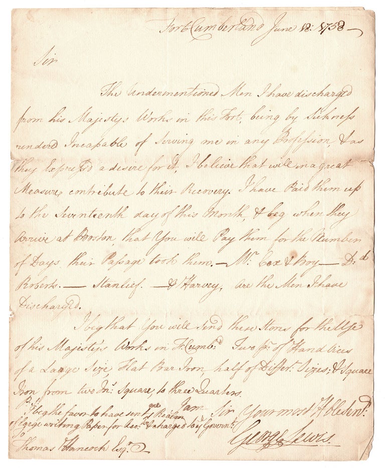 Item #6426 [Autograph letter, signed, from a soldier at Fort Cumberland to Thomas Hancock of Boston]. George Lewis.