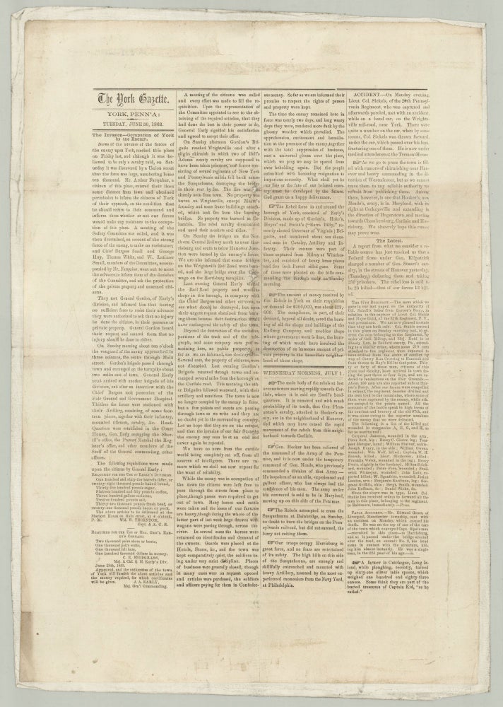 Item #6440 The York Gazette. [Newspaper extra on the occupation of York Pennsylvania by Confederate troops on the eve of the Battle of Gettysburg.]
