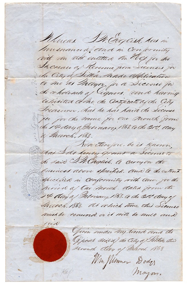 Item #6582 [An early Alaska manuscript liquor license]. William S. Dodge.
