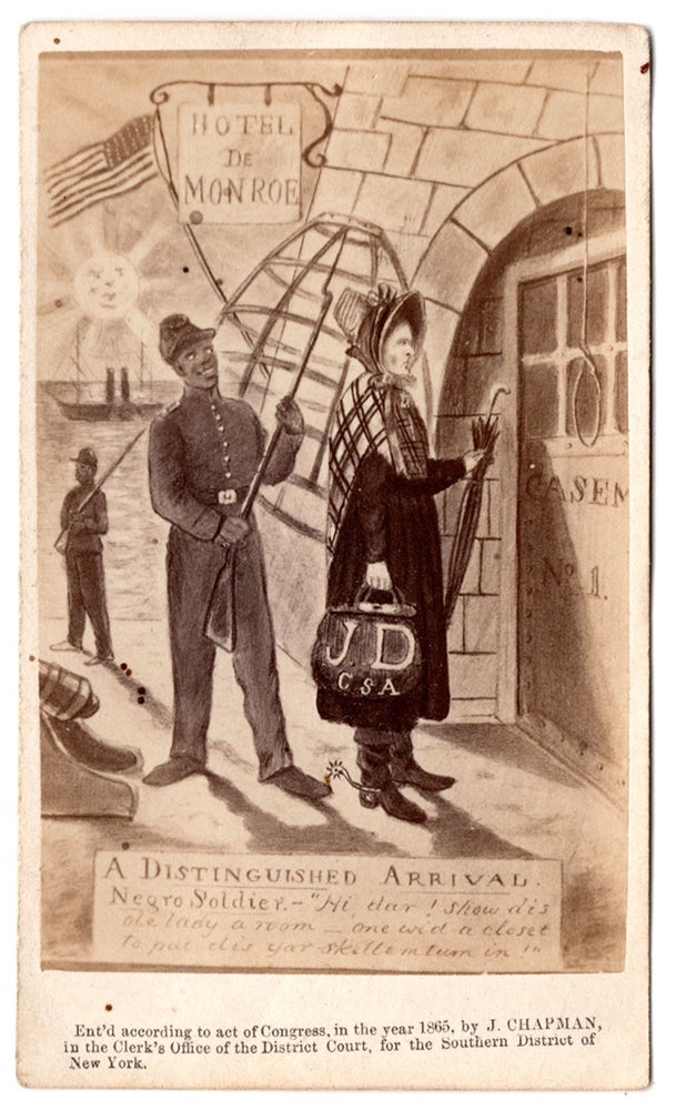 Item #6659 A Distinguished Arrival. Negro soldier—"Hi dar! Show dis ole lady a room – one wid a closet to put dis yar skelle in tum in!" J. Chapman, photog.