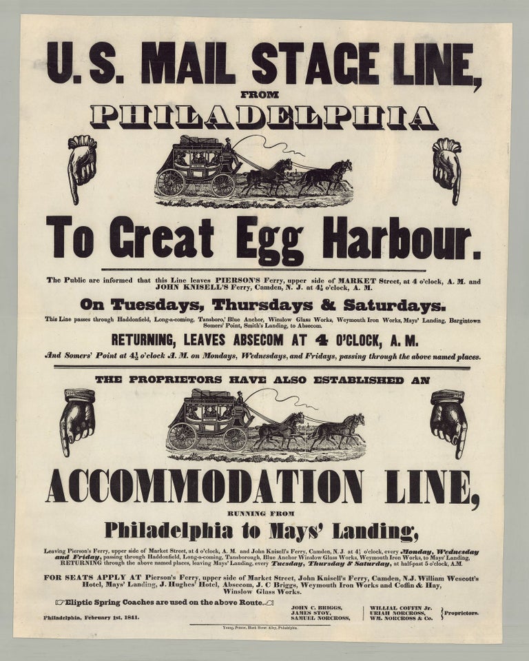 Item #6767 U. S. Mail Stage Line, From Philadelphia to Great Egg Harbor. John C. Briggs.