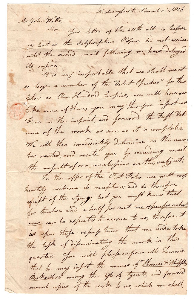Item #6776 [Newburyport bookseller’s letter to a Philadelphia publisher]. Thomas, booksellers Whipple.