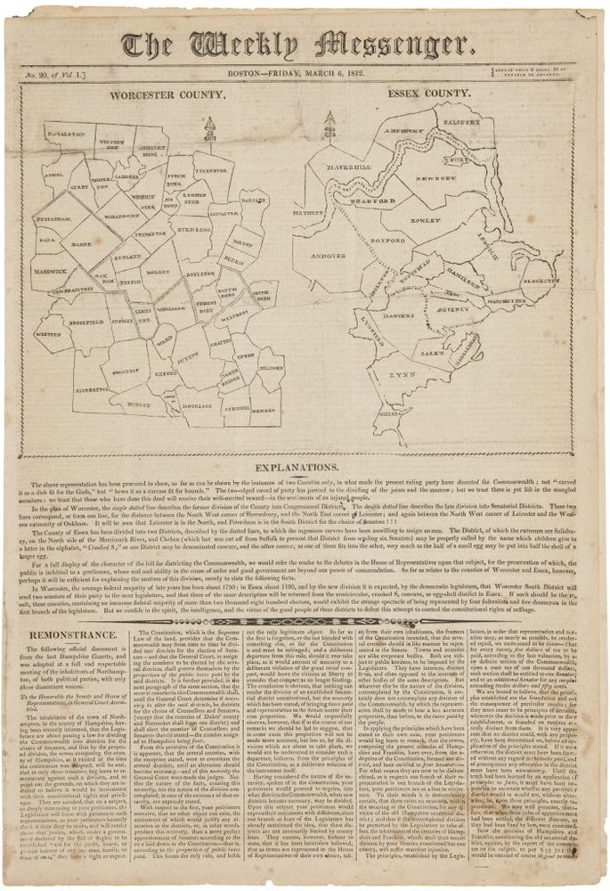 Item #6855 The Weekly Messenger [with maps of Worcester and Essex Counties relating to the 1812 redistricting of Massachusetts.]. Elkanah Tisdale?