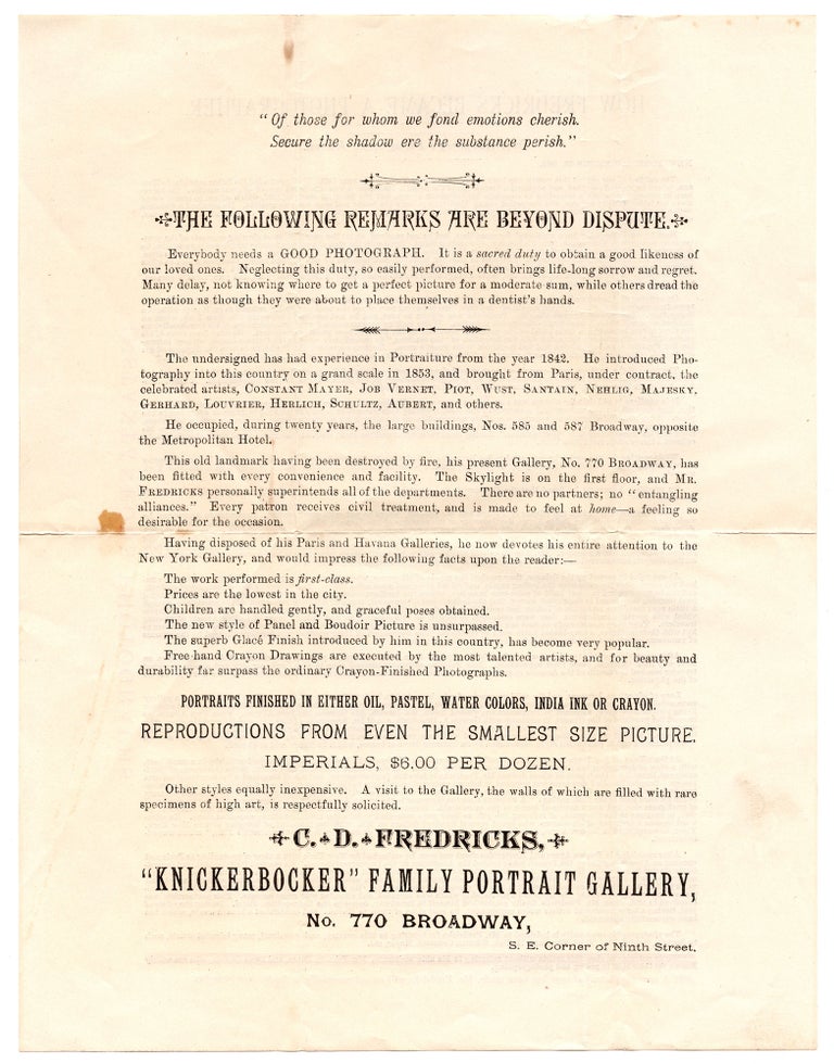 Item #7018 [Broadsheet advertisement for photographer Charles D. Fredricks.]. Charles D. Fredricks.