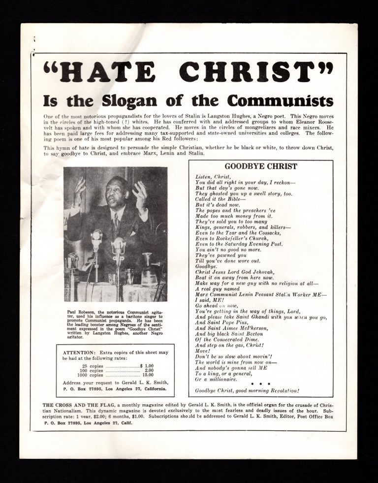 Item #7023 “Hate Christ” Is the Slogan of the Communists. Gerald L. K. Smith, Langston Hughes.