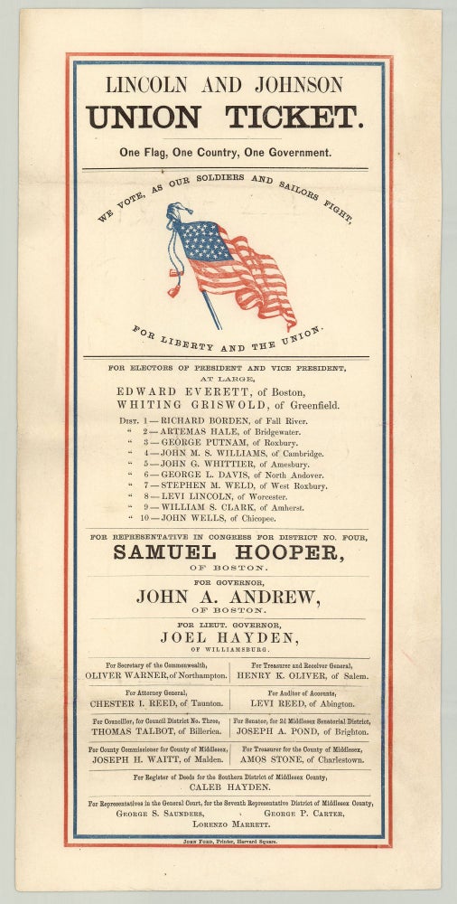 Item #7059 Lincoln and Johnson Union Ticket. One Flag, One Country, One Government. Republican Party, Mass.