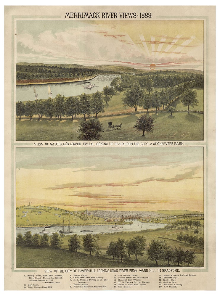 Item #7086 Merrimack River Views 1889. View of Mitchell’s Lower Falls Looking up River from the Cupola of Cheever’s Barn [and] View of the City of Haverhill from Ward Hill in Bradford.