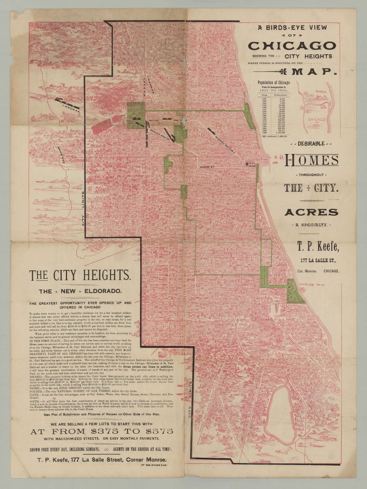 Item #7092 Bird's Eye View of Chicago Showing the City Heights Where the Finger is Pointing on the Map [and on verso:] A Plat of a Part of the City Heights.