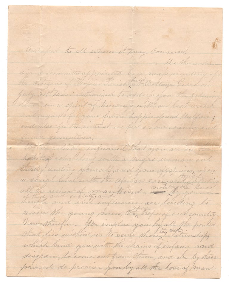 Item #7103 [Draft for a formal anti-miscegenation letter emanating from a meeting in Bossier Parish, Louisiana promoting racial purity.]. James Milling, attributed.