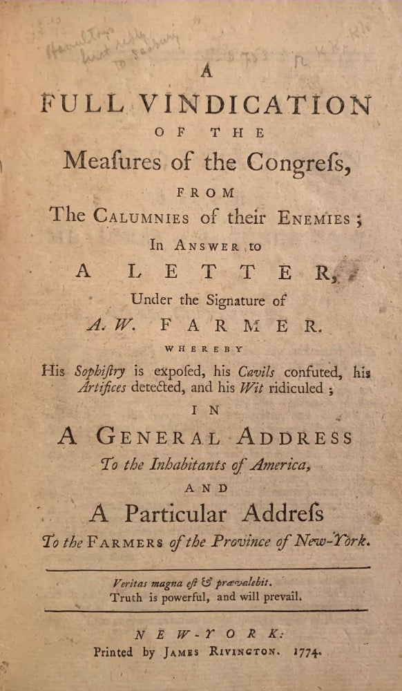 Item #7105 [Revolutionary era pamphlet exchange between Alexander Hamilton and Samuel Seabury]. Alexander Hamilton, Samuel Seabury.