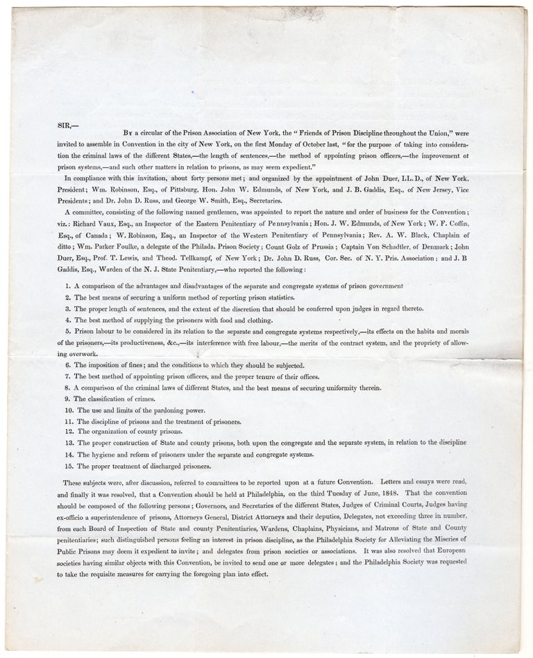 Item #7135 Sir, by a circular of the Prison Association of New York… [Circular of the Prison Association of New York reporting on a prison reform meeting]. The Philadelphia Society for Alleviating the Miseries of Public Prisons.