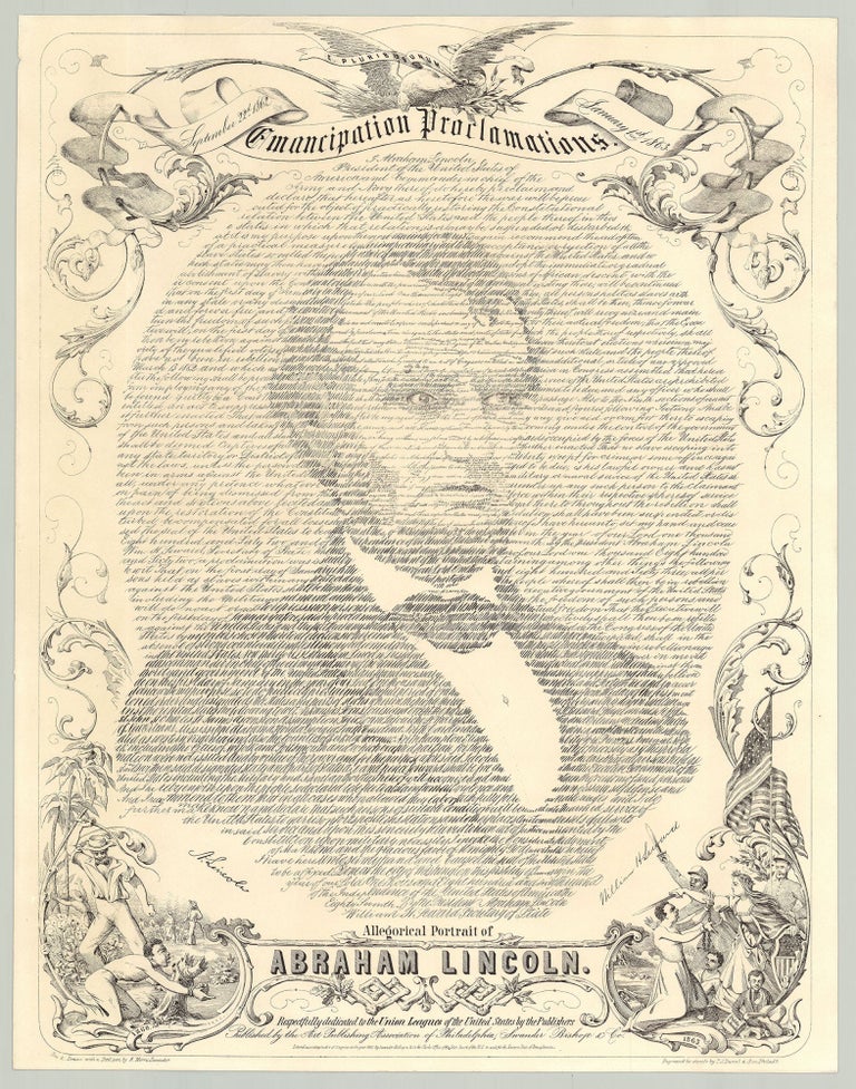 Item #7146 E. Pluribus Unum. September 22d 1862 January 1st 1863 Emancipation Proclamation.....Allegorical Portrait of Abraham Lincoln. Abraham. Swander Lincoln, del, R. Morris.