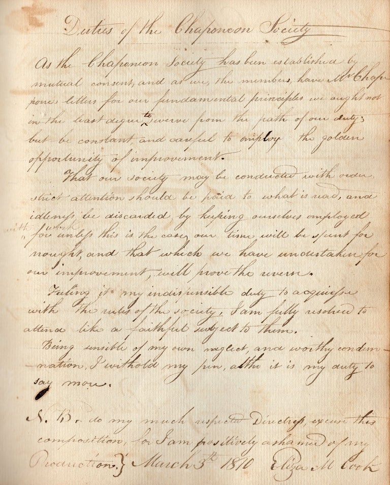 Item #7160 Elizabeth Cook's Common Place Book. Rahway 6th mo. 12th 1805. Eliza Mary Cook.