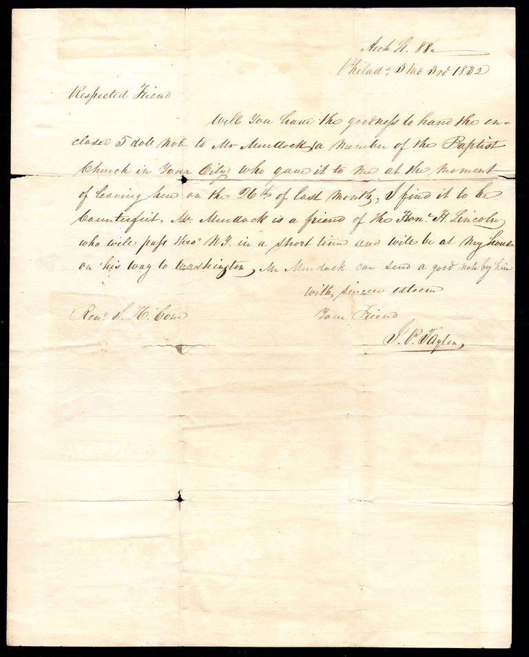 Item #7176 [Autograph letter, signed, by J. P. Taylor to Spencer H. Cone, returning a counterfeit banknote.]. J. P. Taylor.
