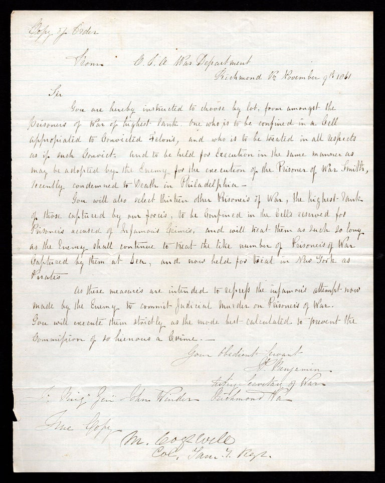 Item #7194 [Copy of order relating to the Enchantress Affair, calling for the execution of certain imprisoned Union officers.]. Judah Benjamin.