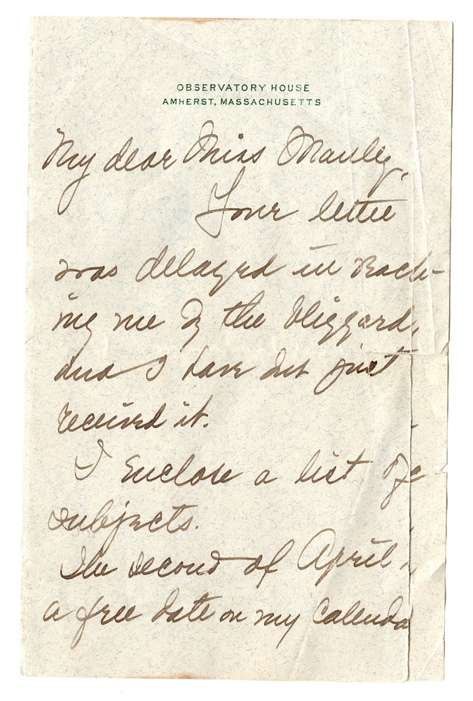 Item #7209 [Autograph letter regarding her availability to give a lecture, her fee, etc.]. Mabel Loomis Todd.