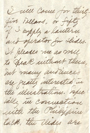[Autograph letter regarding her availability to give a lecture, her fee, etc.]