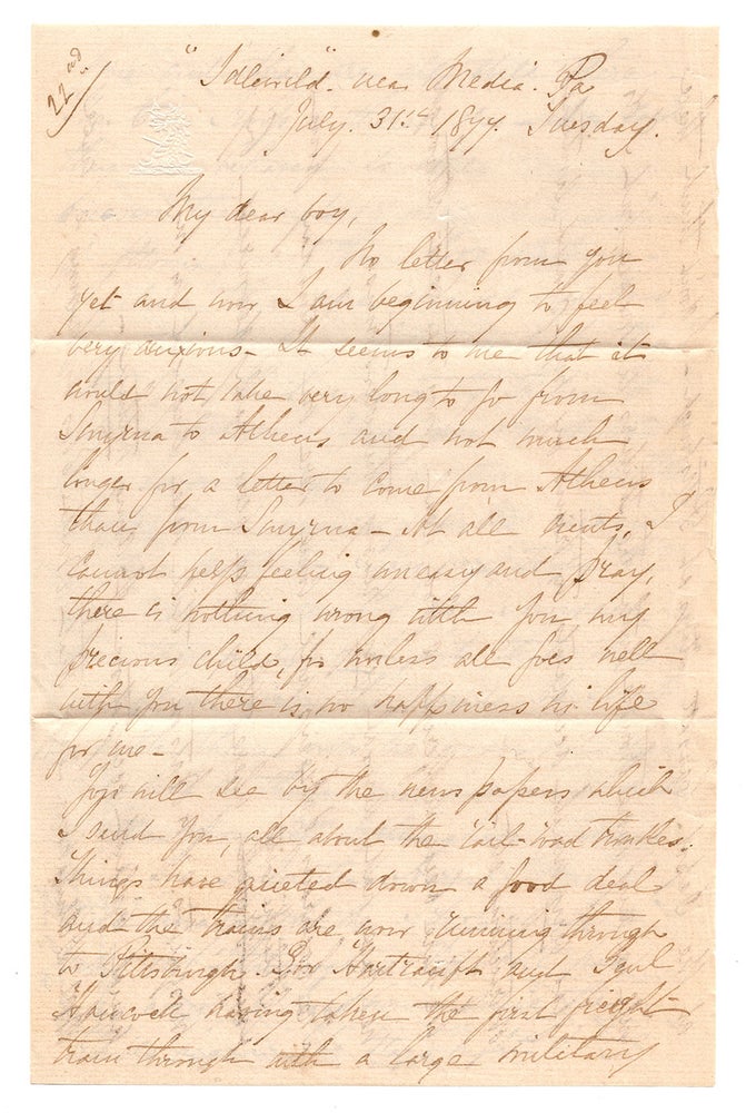 Item #7210 [Letter by Pennsylvania woman to her Officer son on the 1877 Great Railroad Strike.]. Maria C. Rudder.