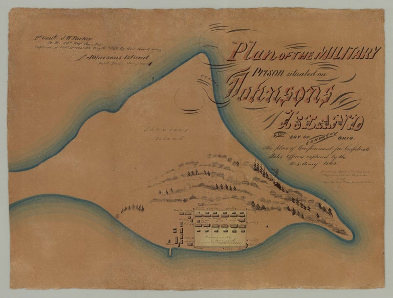 Item #7246 Plan of the Military Prison Situated on Johnson’s Island in the Bay of Sandusky Ohio. The place of confinement for Confederate States Officers captured by the U. S. Army 1862. T. Hogane, del, ames.