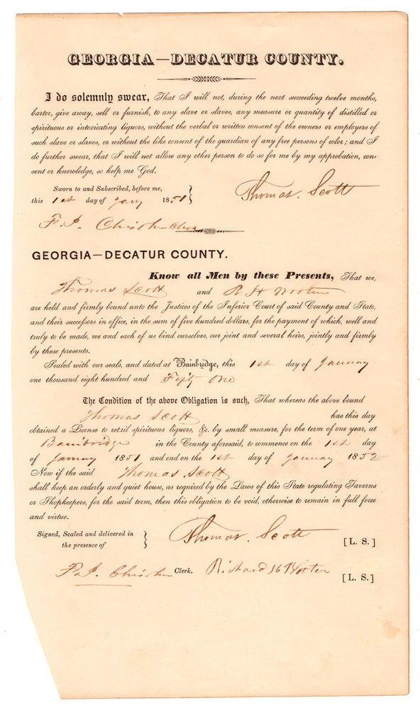Item #7341 Pledge not to provide alcohol to slaves or free people of color. Thomas Scott.