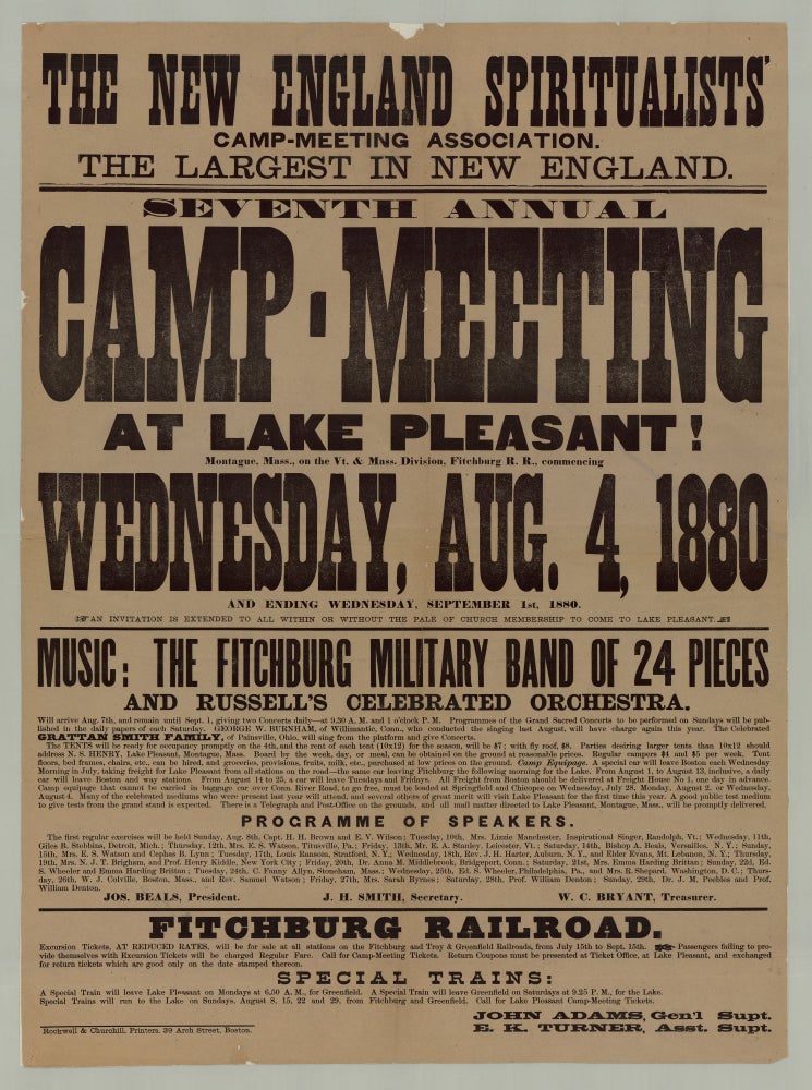 Item #7387 The New England Spiritualists' Camp-Meeting Association. The Largest In New England. Seventh Annual Camp-Meeting at Lake Pleasant! Montague, Mass., on the Vt. & Mass. Division, Fitchburg R.R., commencing Wednesday, 4, 1880 and Ending Wednesday, September 1st 1880.