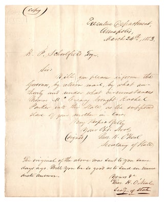 Item #7389 [Manuscript letter of inquiry relating to the abduction of free Black teenager Rachel...