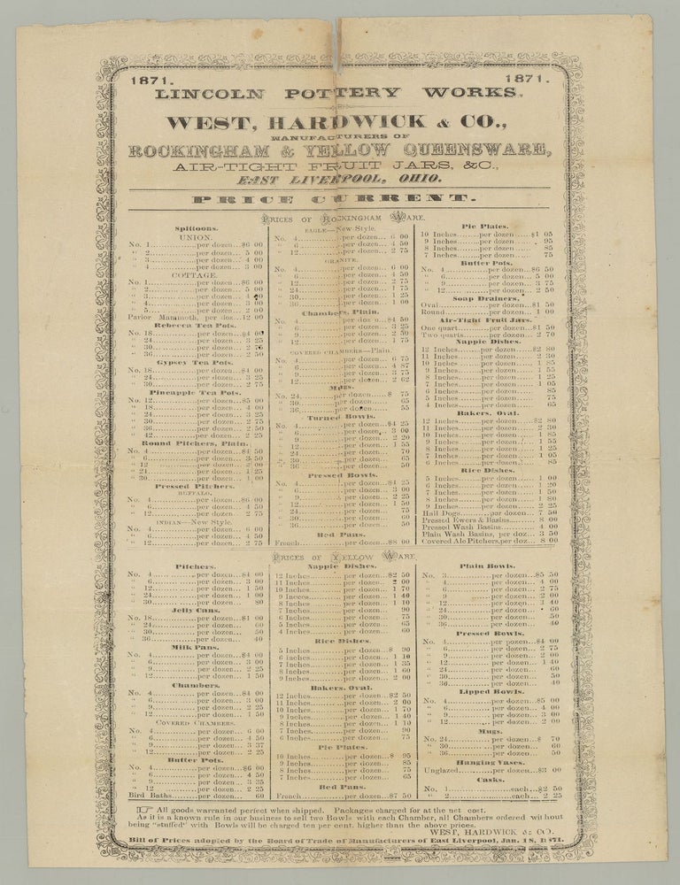 Item #7450 Lincoln Pottery Works. West, Hardwick & Co. Manufacturers of Rockingham & Yellow Queensware…. Hardwick West, Co.