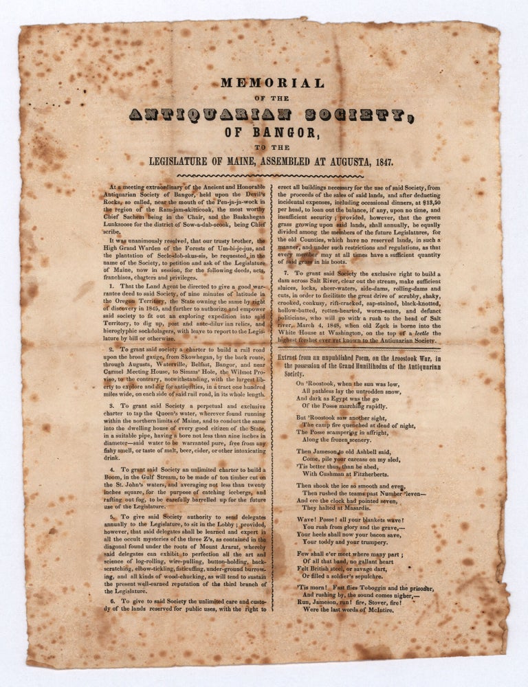 Item #7453 Memorial of the Antiquarian Society, of Bangor, to the Legislature of Maine, Assembled at Augusta, 1847.