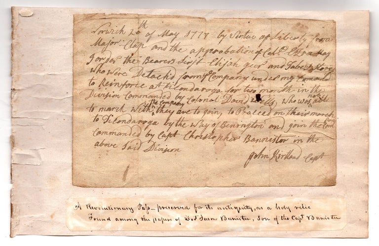 Item #7491 [Manuscript pass dispatching two men to Fort Ticonderoga during the Revolutionary War.]. Capt. John Kirtland.