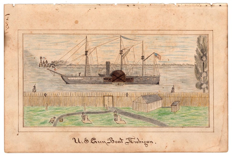 Item #7504 [Original drawing depicting the U.S. Gunboat Michigan at Johnson’s Island Prison, Lake Erie, Ohio.] U.S. Gun Boat Michigan.