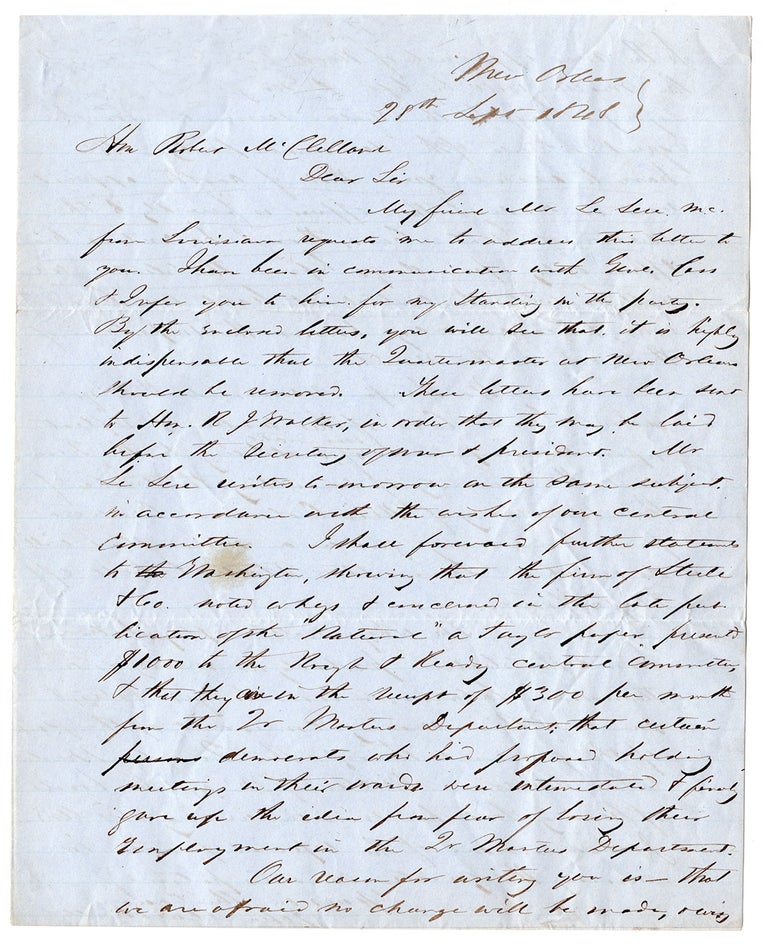 Item #7558 [Three autograph letters, signed, by John Marshall concerning the Presidential Election of 1848 in New Orleans and the attempts of a pro-Whig Quartermaster to accrue votes in the city, one letter to Robert J. Walker and two to Robert McClelland.]. John Marshall, John R. Macmundo.