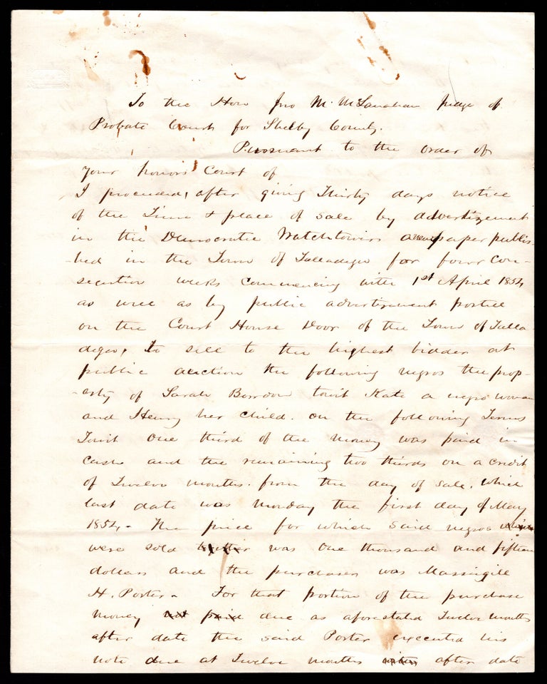 Item #7584 [Manuscript report with affidavits relating to the sale of an enslaved woman named Kate and her child Henry.]. Andrew W. Bowie, James H. Joiner, E. A. Cowen.