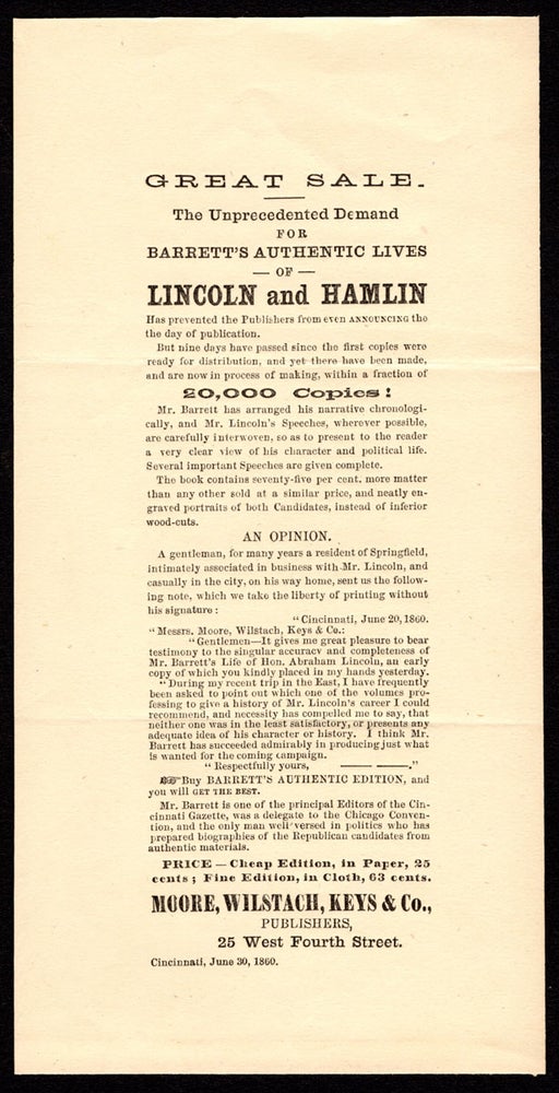 Item #7594 Great Sale. The Unprecedented Demand for Barrett’s Authentic Lives of Lincoln and Hamlin…