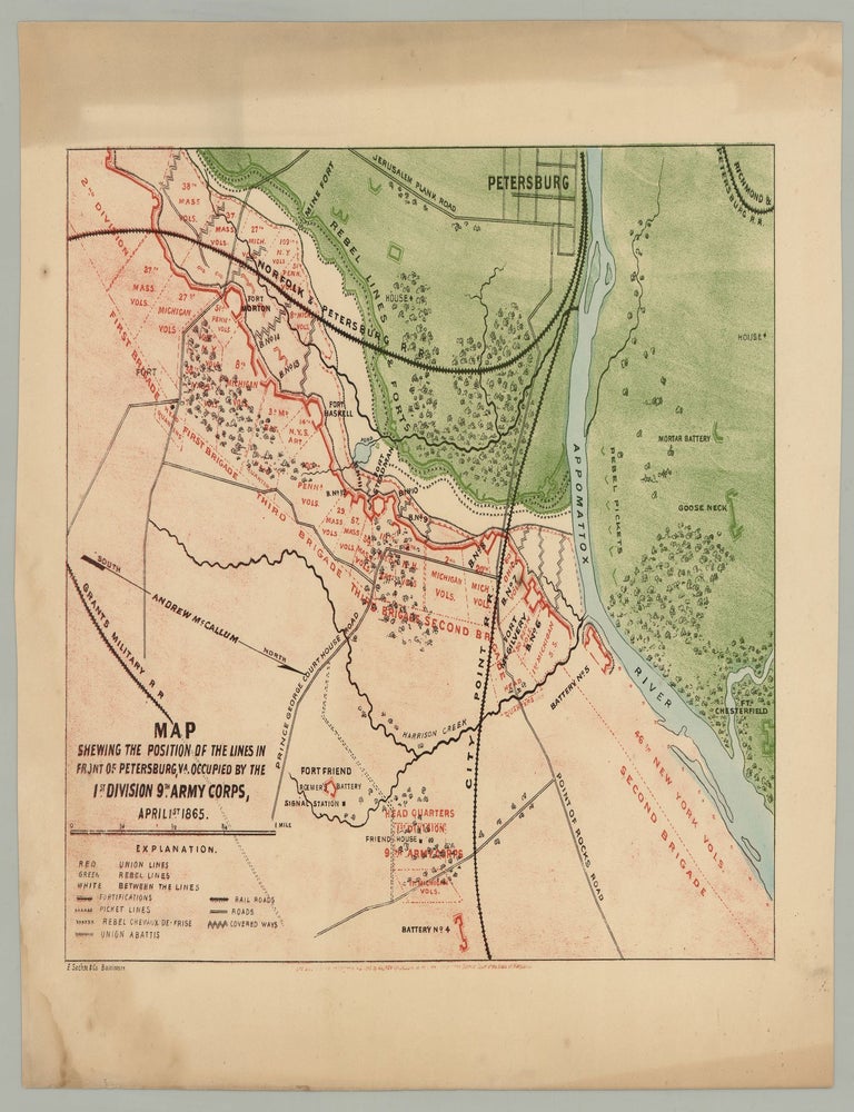 Item #7650 Map Shewing the Position of the Lines in Front of Petersburg, Va. Occupied by the 1st Division 9th Army Corps, April 1st 1865. Andrew McCallum, del.