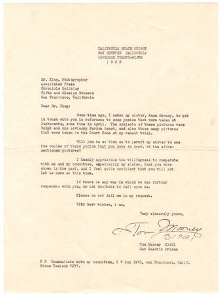 Item #7666 [Typed letter, signed, by Tom Mooney, famed political prisoner at San Quentin Prison,...