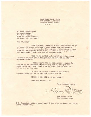 Item #7666 [Typed letter, signed, by Tom Mooney, famed political prisoner at San Quentin Prison,...