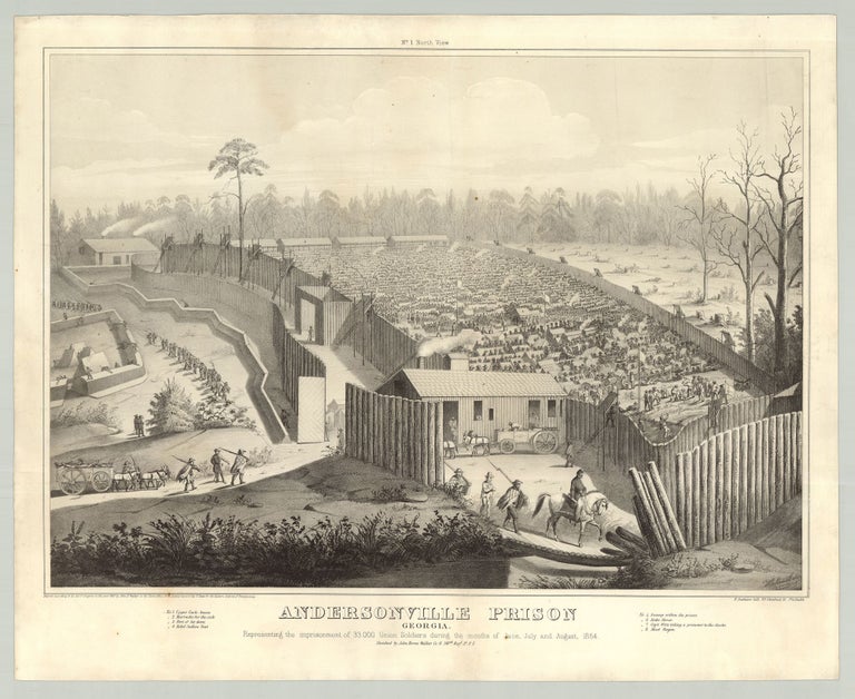 Item #7676 Andersonville Prison, Georgia. Representing the imprisonment of 33,000 Union Soldiers during the months of June, July and August, 1864…No. 1 North View. Anton and John Burns Walker Hohenstein, del.