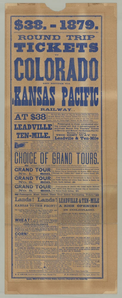 Item #7705 $38.—1879. Round trip tickets to Colorado and return via Kansas Pacific Railway. The Kansas Pacific Railway.