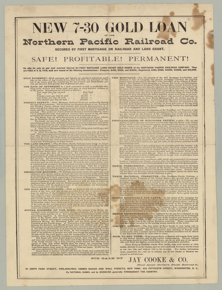 Item #7706 New 7-30 Gold Loan of the Northern Pacific Railroad Co. Secured by First Mortgage on Railroad and Land Grant. North Pacific Railroad Co.